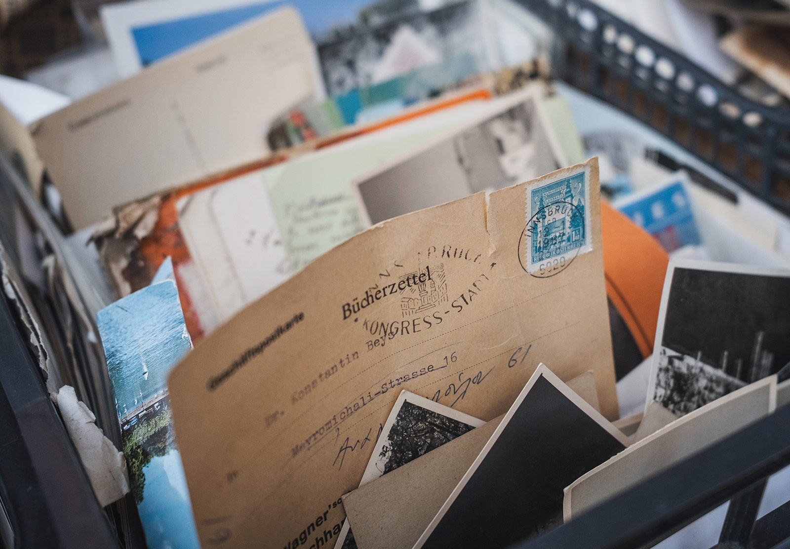 Crate of old letters and postcards