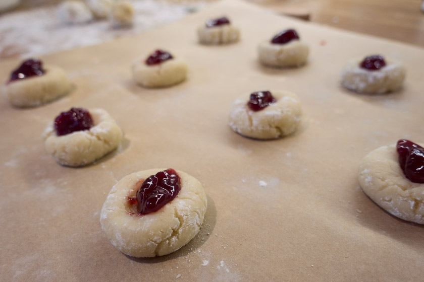 Jam in uncooked biscuits