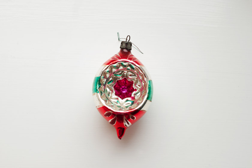 Red, green and silver glass bauble