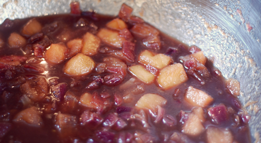 Cooking bramley apple and red onion chutney