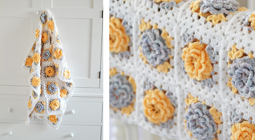 Yellow and white crochet flower granny square blanket