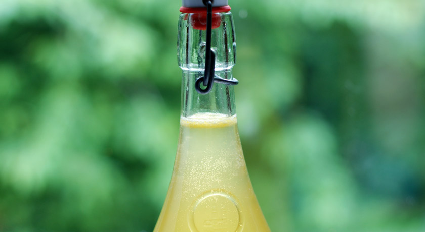 Elderflower cordial in a swing top bottle
