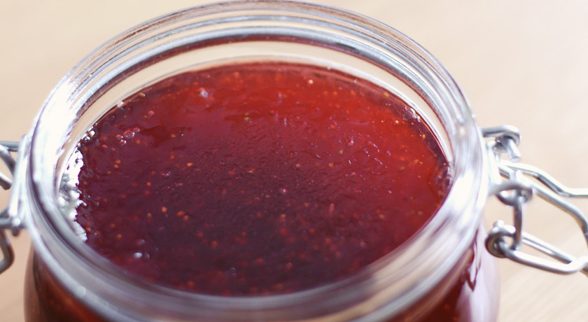 Homemade strawberry jam in Kilner jar