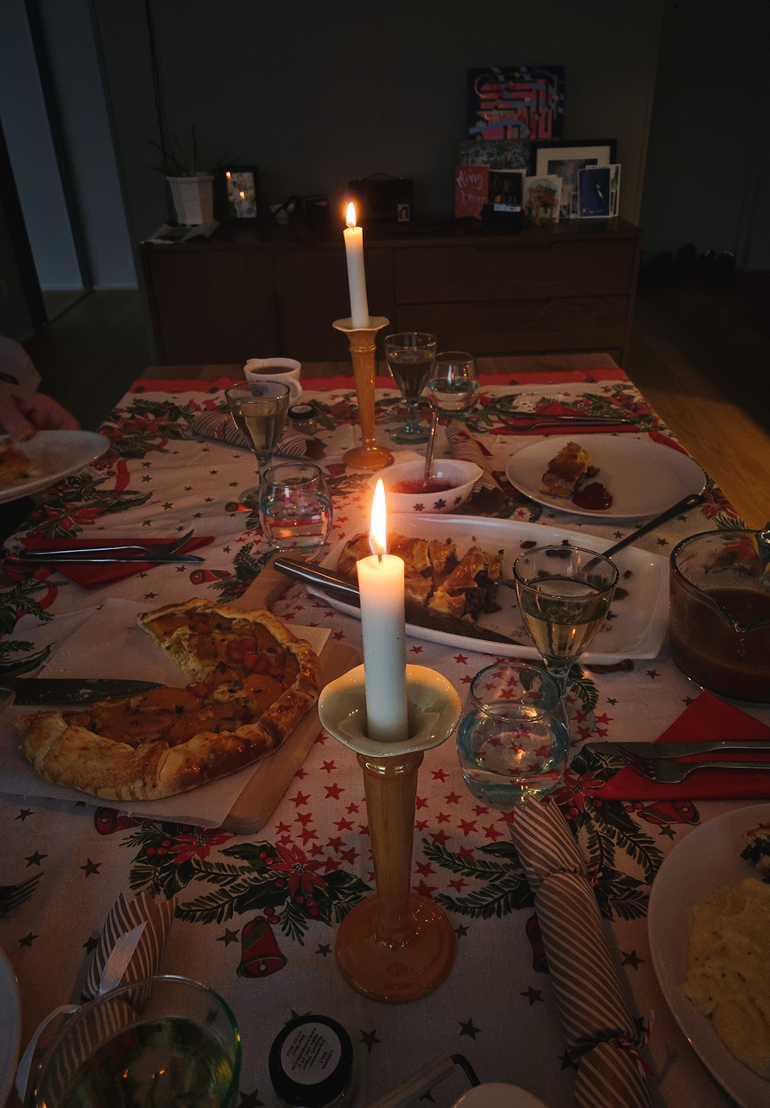 Food and candles on table