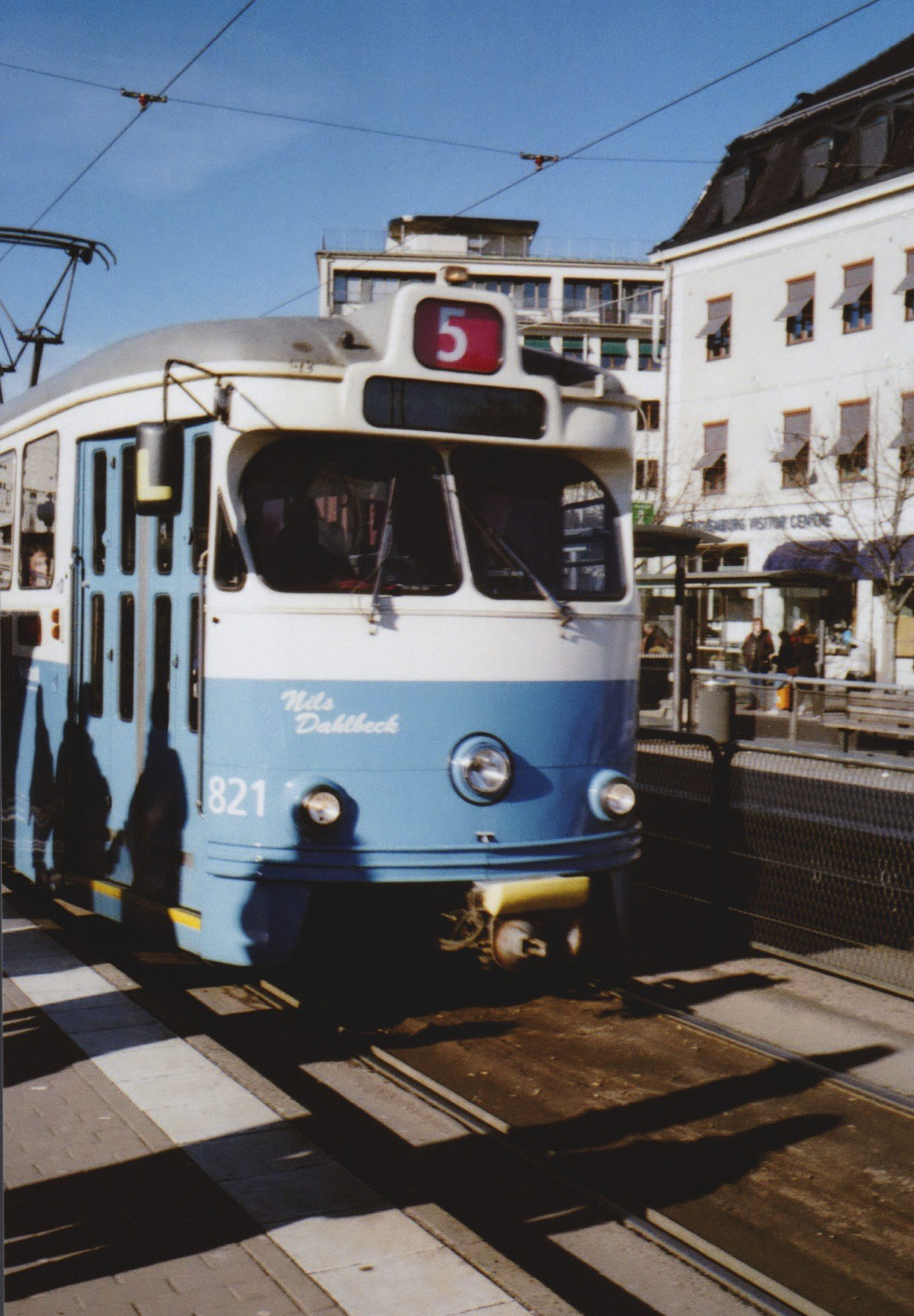 Blue and white tram