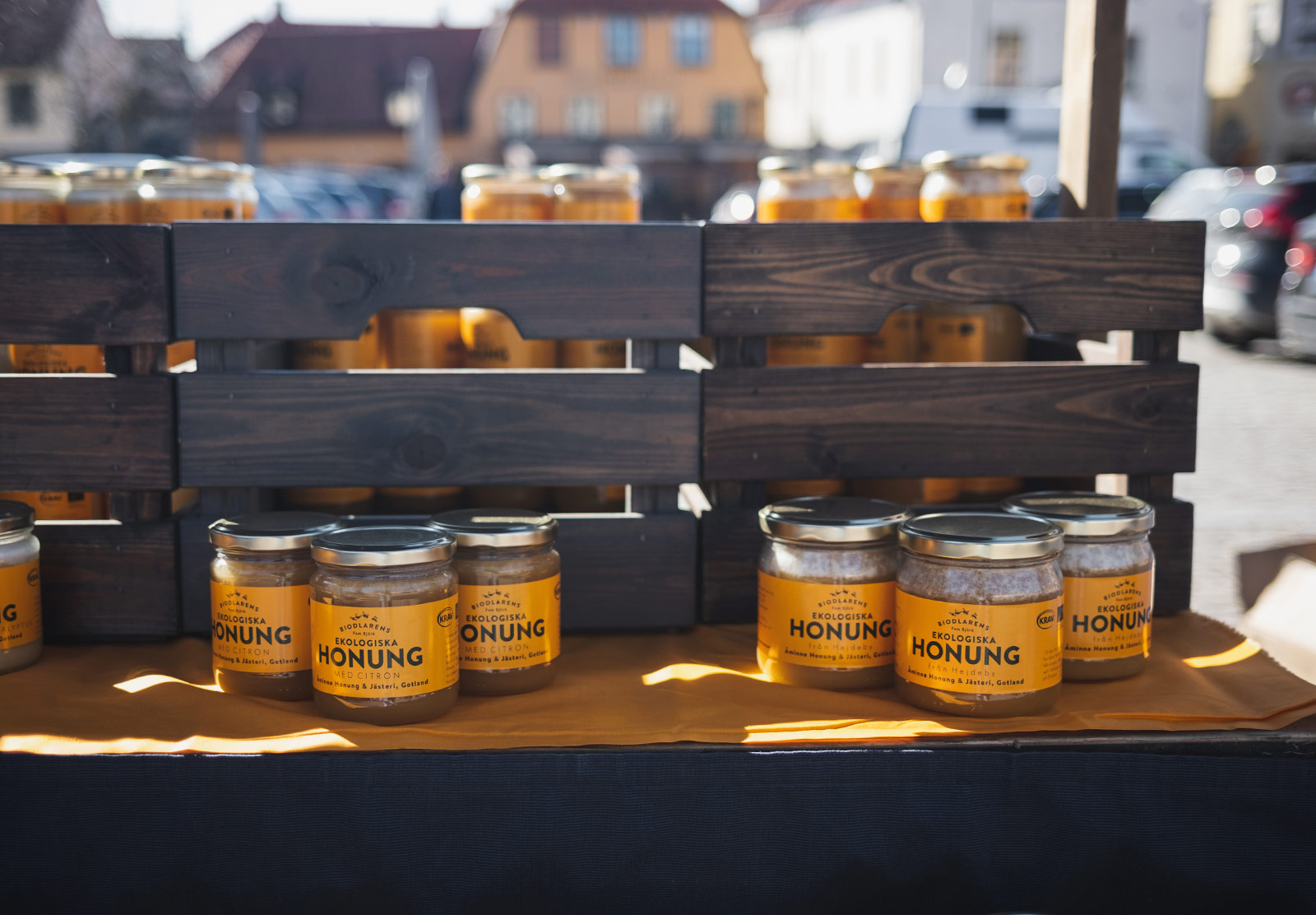 Jars of honey on table