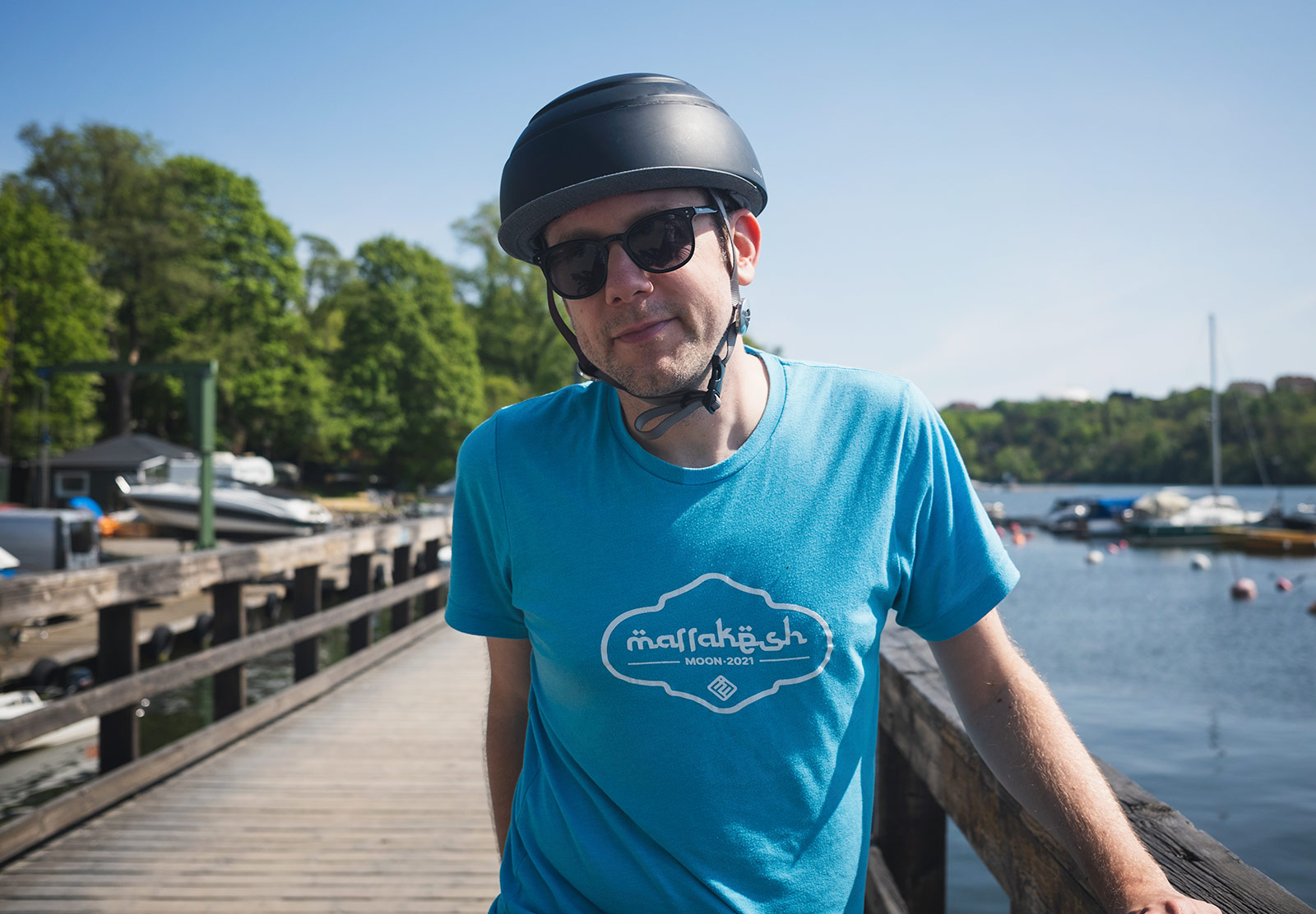 Man wearing cycling helmet