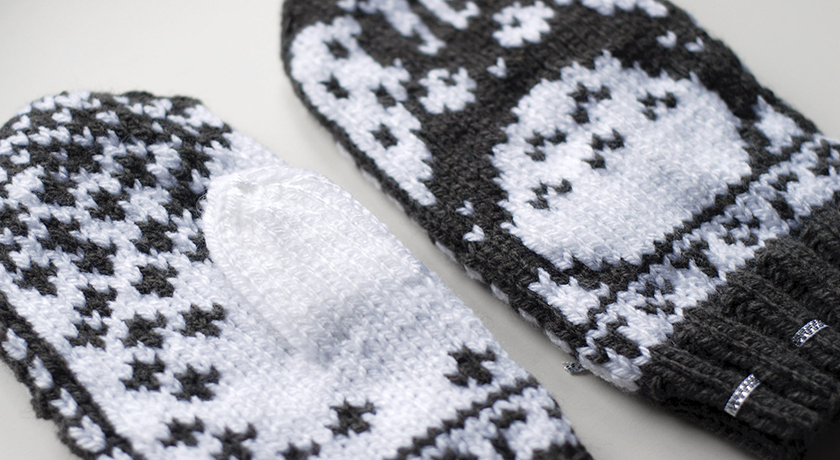 Front and back of knitted mittens