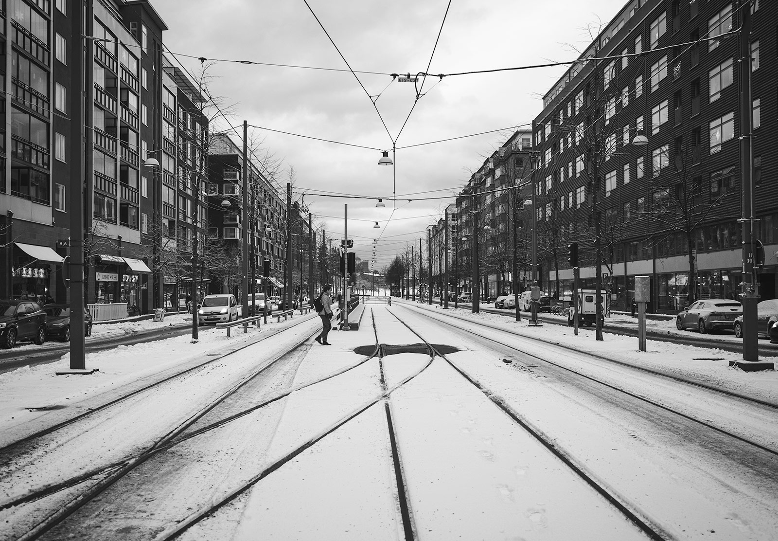 Snow covered tram tracks