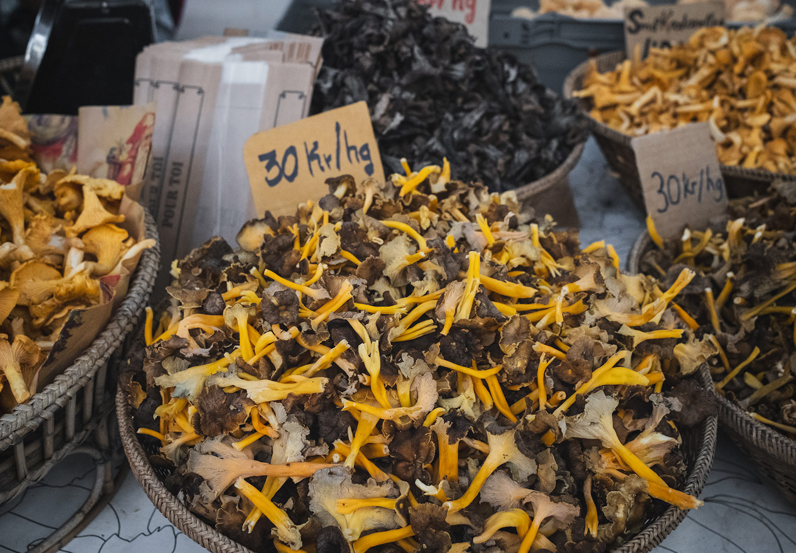 Bowl of foraged mushrooms at a market