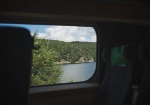 View of lake through train window