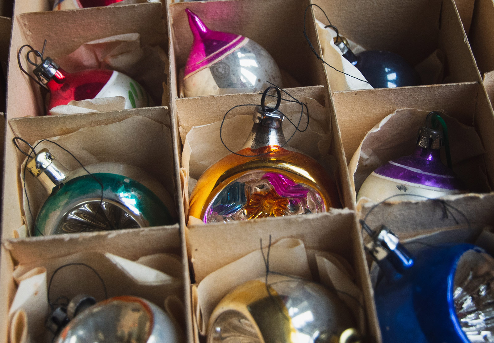 Colourful baubles in box