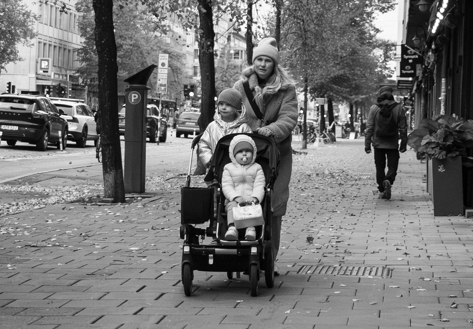 Woman pushing pram with two children